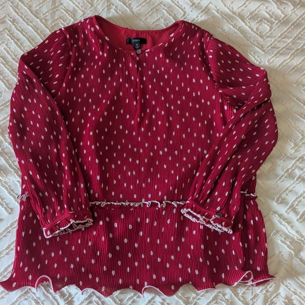 J.Crew Red Polka Dot Plissé Pleated Peplum Top M Romantic feminine church outfit